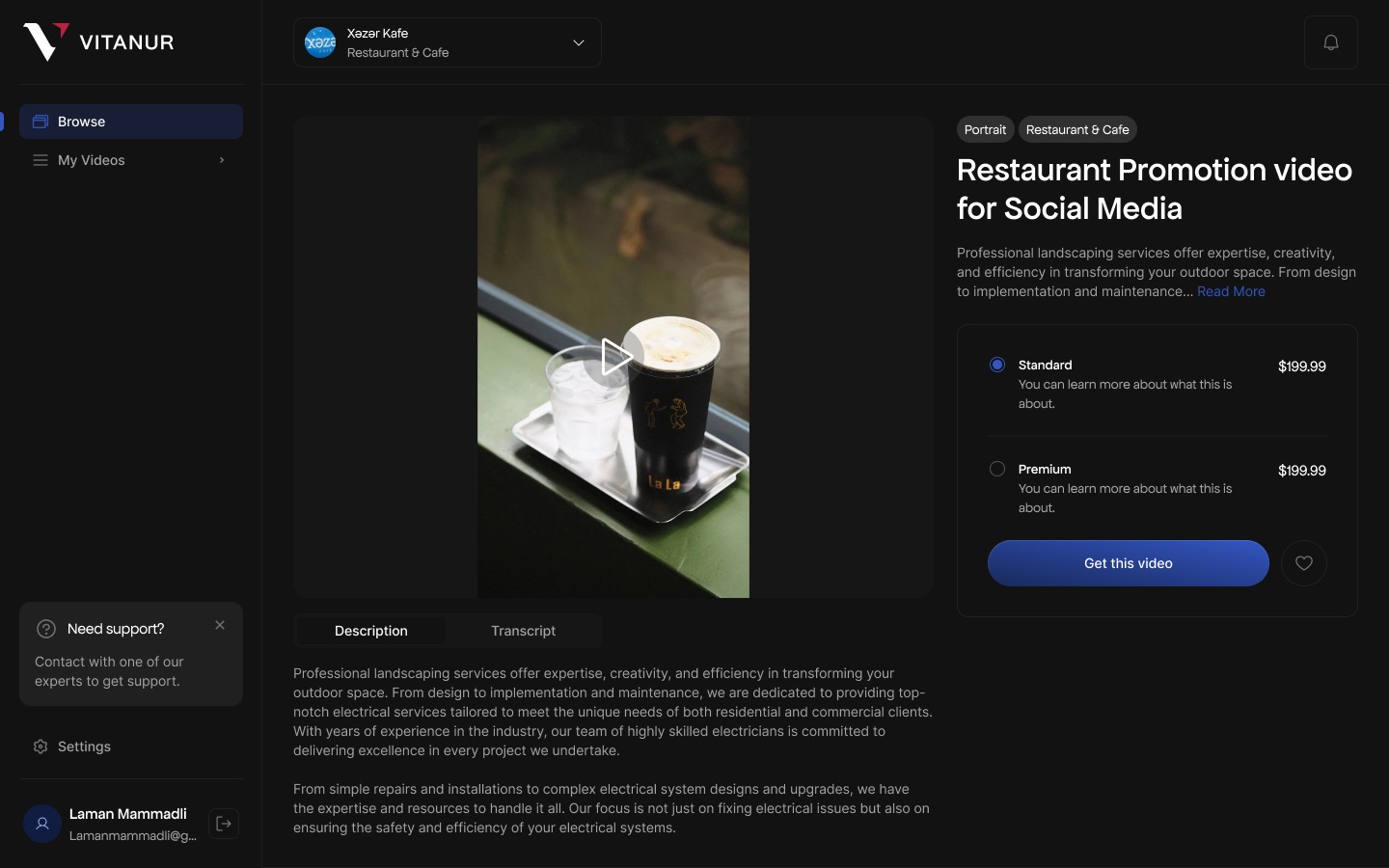 Video page with a portrait video player, tags, title 'Restaurant Promotion video for Social Media', and Standard and Premium options with a Get this video button
