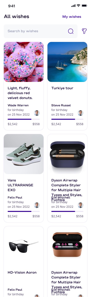 All wishes grid with search and filter, showing cards for donuts, a trip, sneakers and a hair styler, each with owner, occasion and a progress bar