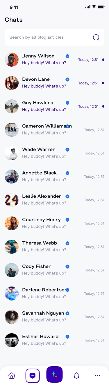 Chats list with search, avatars, verified badges and unread markers