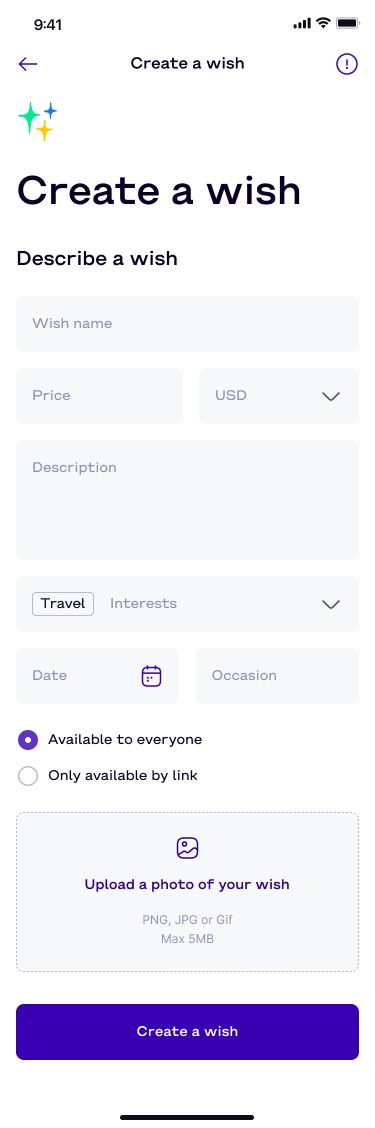 Create a wish form with fields for name, price and currency, description, interests, date and occasion, visibility options and a photo upload area