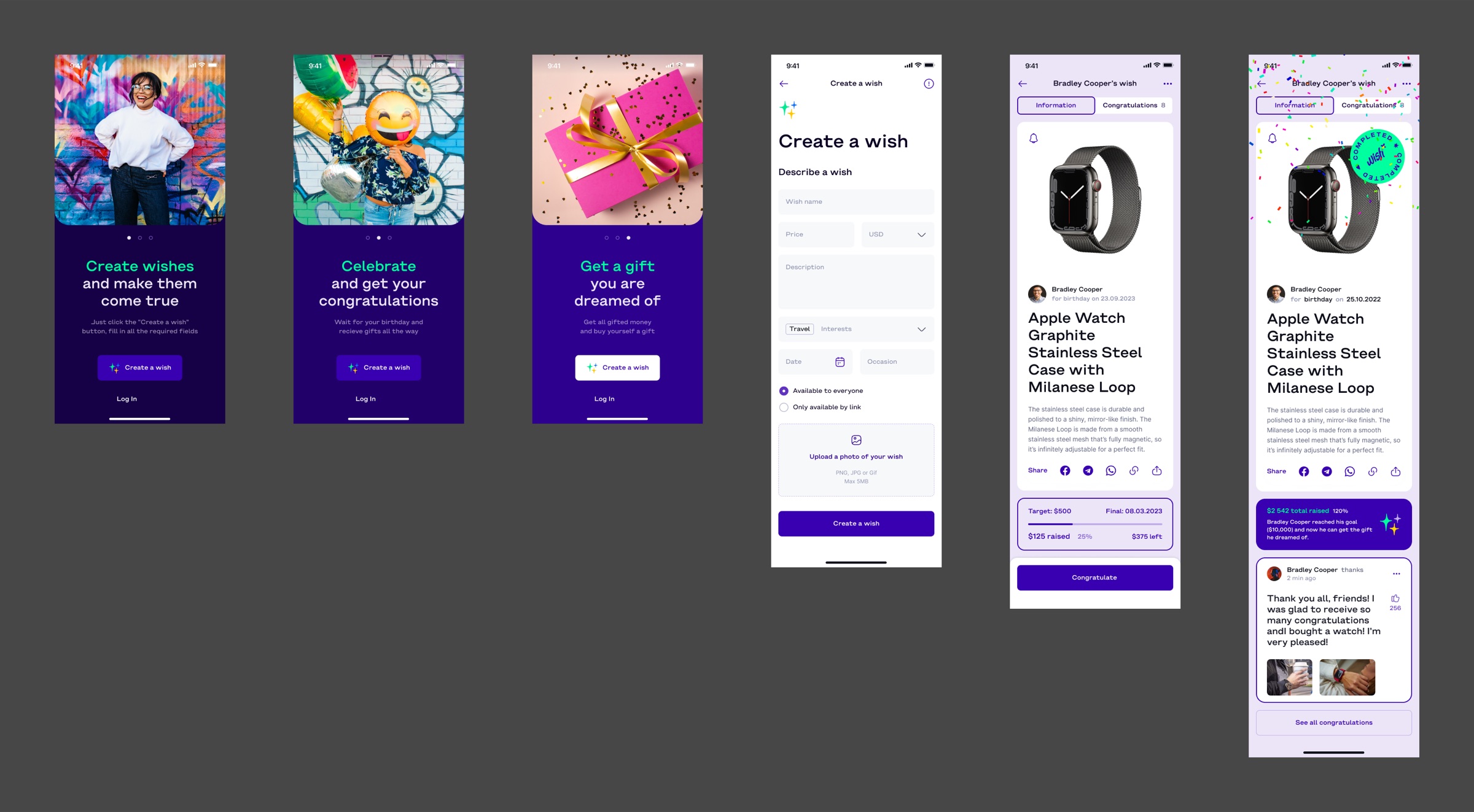 WishX board: three purple onboarding screens, the Create a wish form, and an Apple Watch wish shown both while raising money and after it was completed.
