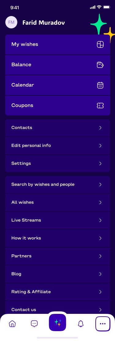 Dark purple menu with My wishes, Balance, Calendar and Coupons on top, followed by account, discovery and info links