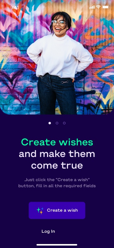 Onboarding screen with a photo of a smiling woman against a graffiti wall and the headline 'Create wishes and make them come true'