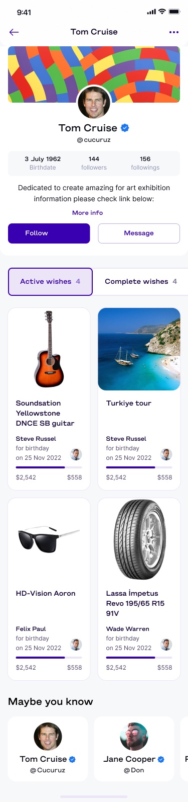 Another user's profile with a colourful cover, follower counts, Follow and Message buttons, active wishes and a 'Maybe you know' row